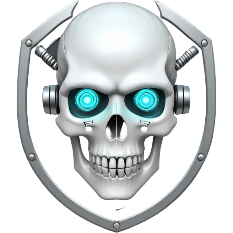 Cyberpunk shield, skull with cybernetic implants, glowing wires, dark white and white tones, no background emoji