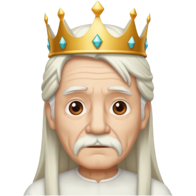 old man with long white hair and has no moustache wearing a white shirt and a crown emoji