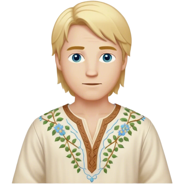Medieval spring outfit worn by a DnD themed fantasy male character. Cream-colored cotton tunic with delicate vine patterns embroidered at the hem, V-shaped neckline with leather lacing. Clothes only above the waist, full waist coverage. The character has no arms. Character is white-skinned with golden blonde hair, sky blue eyes, and straight shoulder-length hair. emoji