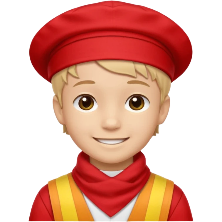 A Soviet pioneer emoji — smiling young boy wearing a bright red tie (pioneer neckerchief) and a red pilotka cap. White shirt, neat and cheerful, minimal flat emoji style, simple colors, clear outlines, professional emoji design. emoji