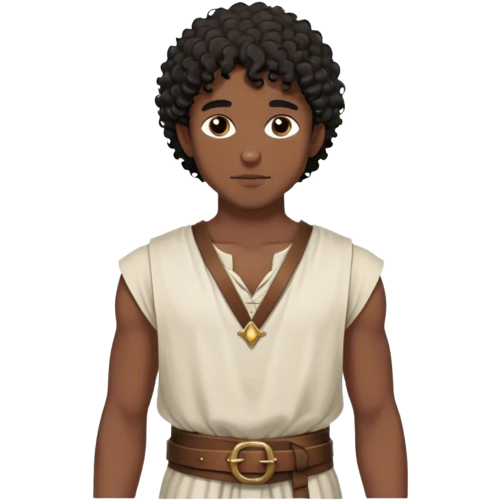 medieval summer outfit worn by a DnD themed fantasy character. basic sleeveless cotton shirt with a loose neckline and a thin leather belt. clothes only above the waist. The clothes full waist. The character's haven't arms. character is black hair, brown eyes, short curly hair, dark-skinned man. emoji