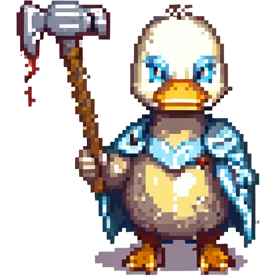 pixel art duck holding Thor's hammer Mjolnir with a lightning rod coming out of it, no armor, simple and heroic emoji