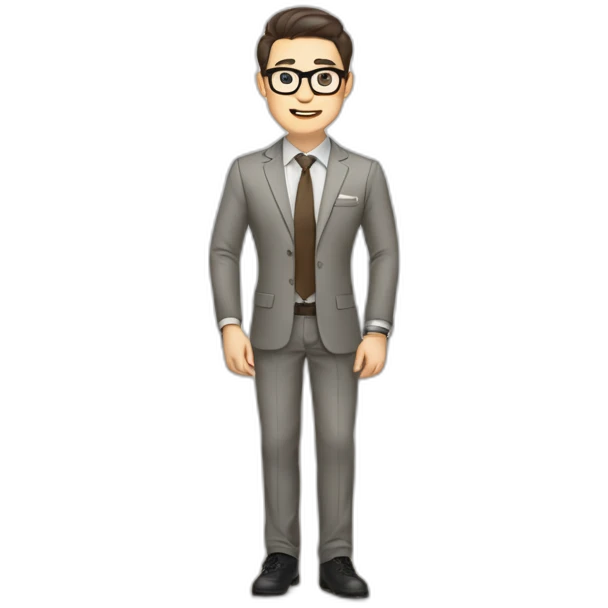 Pale skinned fit man with dark brown hair in gray jacket, beige office shirt, brown tie, brown pants and vintage glasses Writing on the marker board emoji