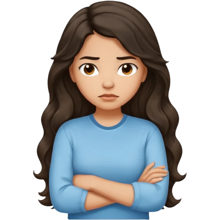 Hispanic light tan girl with long dark wavy hair with arms folded and pouting emoji