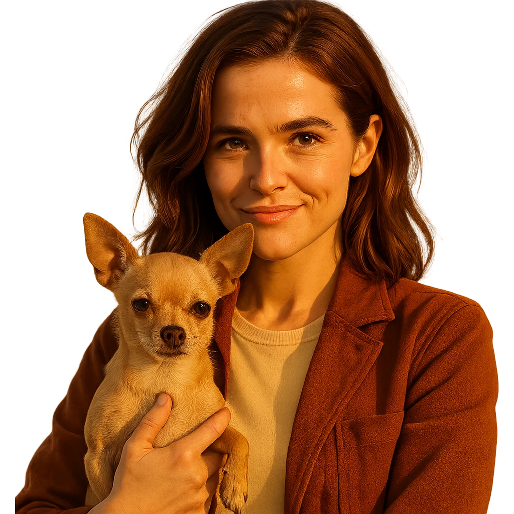 portrait centered of a woman inspired by Zoe Deutch's face, tanned complexion, subtle freckles, playful and determined expression, medium-length brown hair with auburn highlights, wearing a shirt color #FFF8CA and a rust-colored jacket, holding a beige-brown chihuahua, golden hour lighting effect, transparent background, Netflix series style emoji