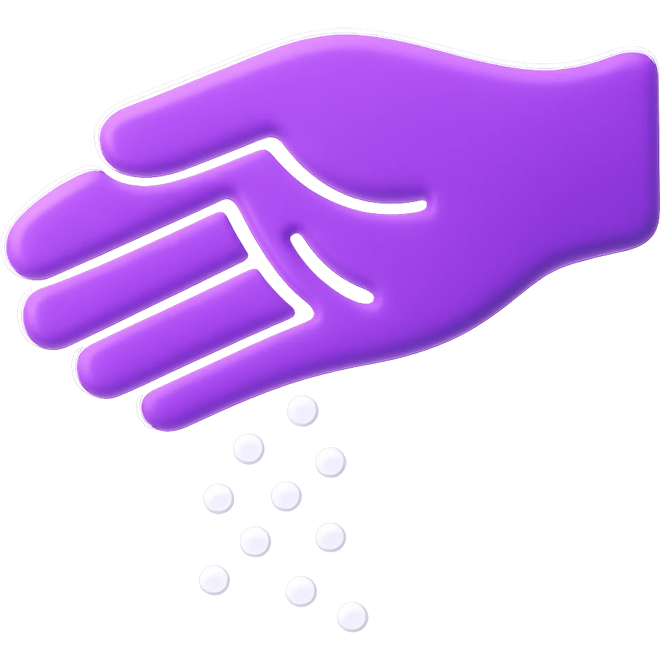 Create a 3D purple icon style image of a hand shaking out sugar, with no background. emoji