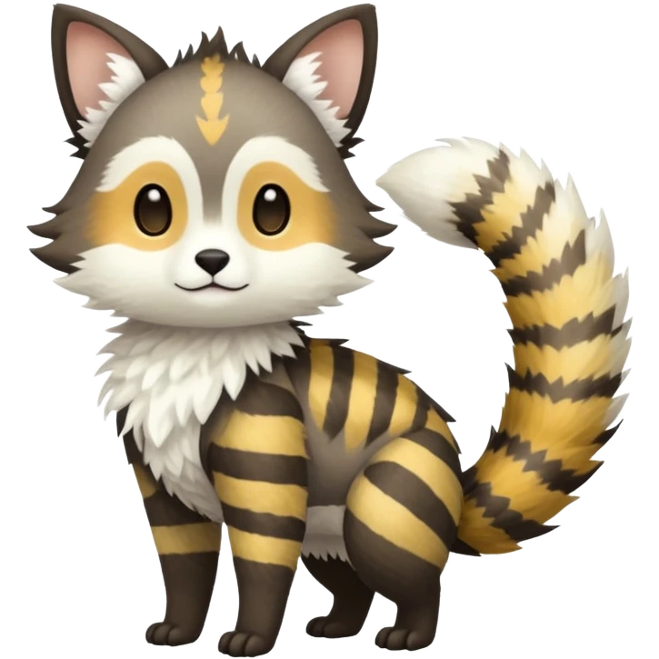 lush warm-colored Fakémon-Trico-creature (full body) with white cheek markings, white-striped tail emoji