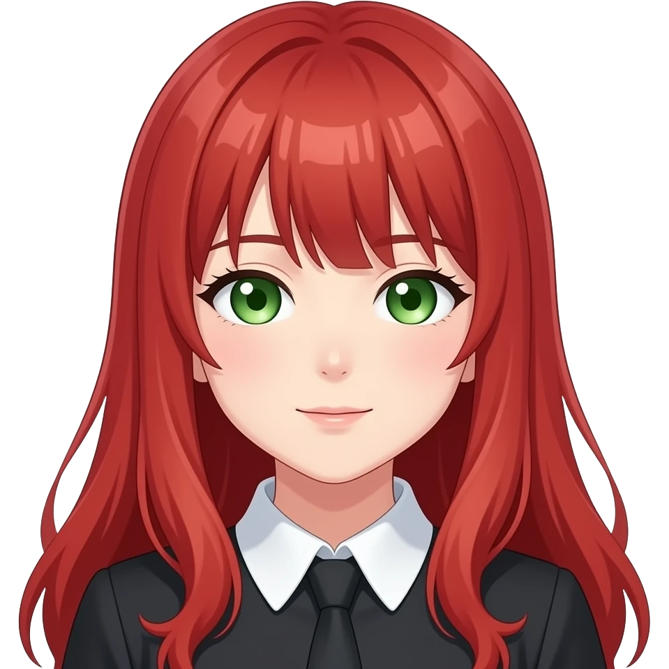 anime girl  eyes to side closed long red hair green eyes black blouse with white collar emoji