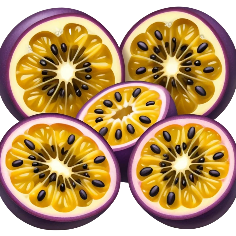 passion fruit, purple outer skin with yellow juicy flesh and black seeds emoji