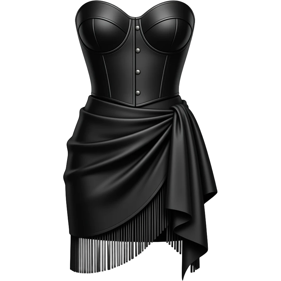 STRAPLESS BUSTIER CREPE DRESS W/ DRAPED SKIRT + FRINGE in color black emoji