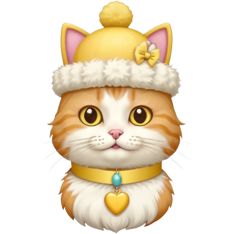 cat wearing a creamy cake hat with fun necklace around his neck and a yellow bow in the middle emoji
