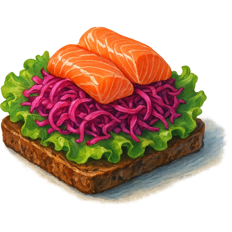 В слега рисованном, но при этом ярком и объемном стиле сгенерируй картинку сочного смёрребрёда c капустой, рыбой, профессионально выставленный свет, который подчеркивает объем, прозрачный фон emoji