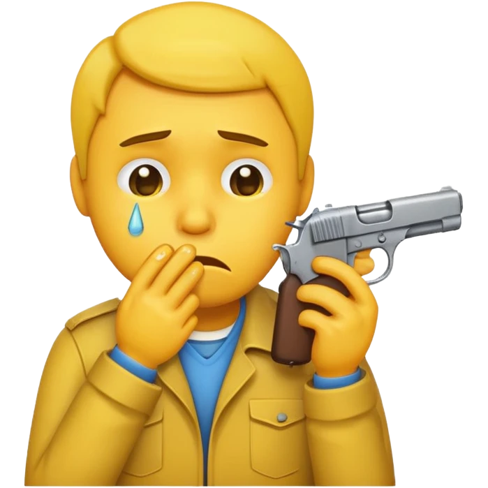 Make a yellow emoji of a guy holding a gun in his mouth while crying emoji