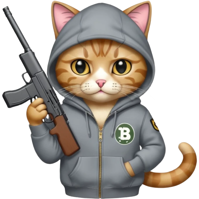 A gangster cat wearing a bape hoodie with a BB gun emoji