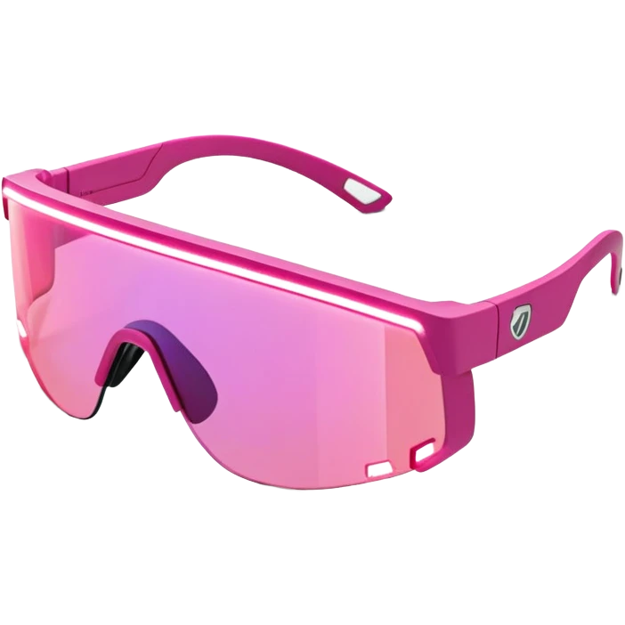 sporty pink shield visor sunglasses with thick frame and integrated LED light strip, tech-enhanced chunky design, massive build, one-piece lens with smart tint emoji