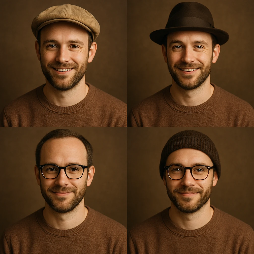 Create images of a man with different accessories such as hats and glasses in the same style as the reference image. Preserve the style and look of the original man. emoji