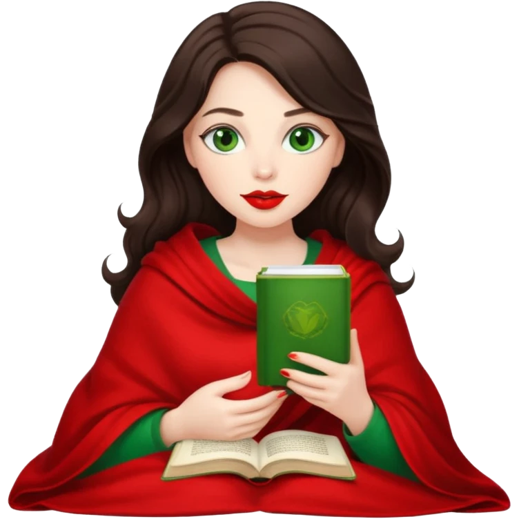 Long wavy dark brown haired, white skinned, dark big green eyed girl with red lipstick wrapped in a red blanket, sipping tea and reading a book emoji