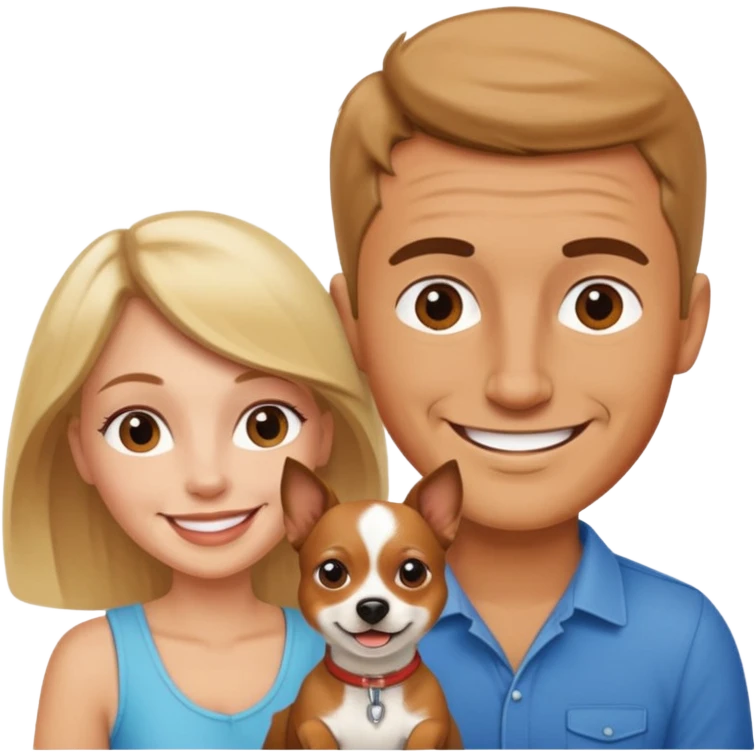 Una mujer blanca y un hombre moreno con un perrito emoji
