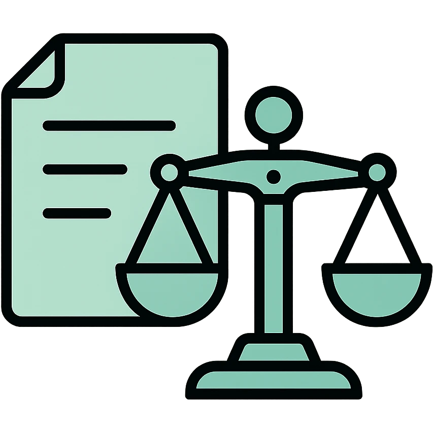 Administrative responsibility with scales of justice and document, fluid dimensional design, techy style, black outlines with mint green #B5F4D3 fills emoji