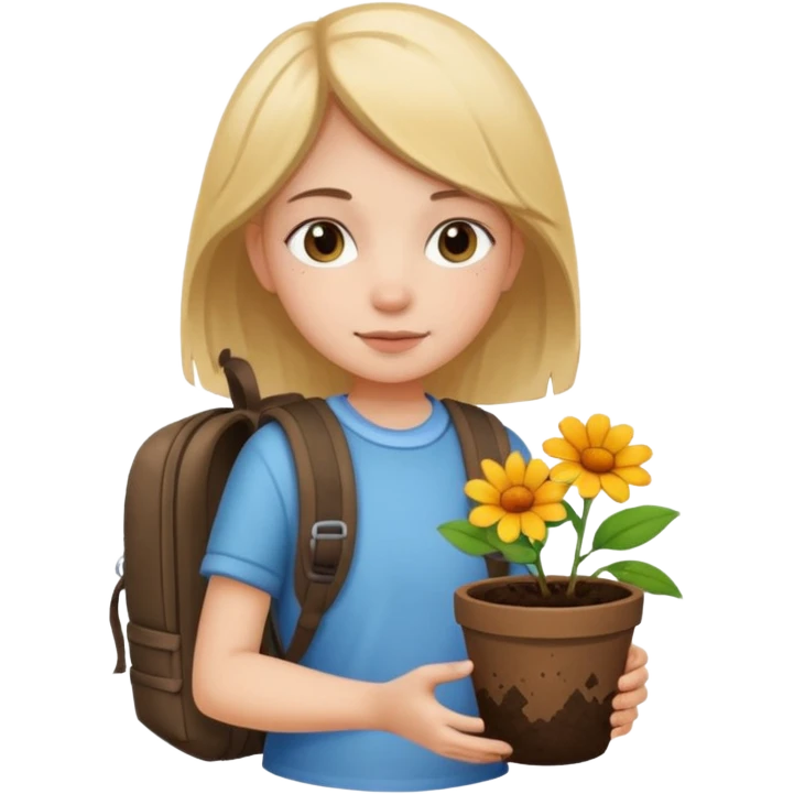 young girl wearing packpack, holding a flower pot emoji