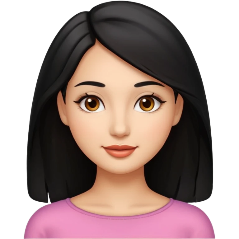 Feminine woman Softly rounded, healthy face — slightly curvy and feminine, not overweight.
Warm tan skin, brown eyes with long lashes, full glossy lips, gentle smile.
Shoulder-length black hair framing the face.
Clean, polished emoji look, soft shading, neutral background. emoji