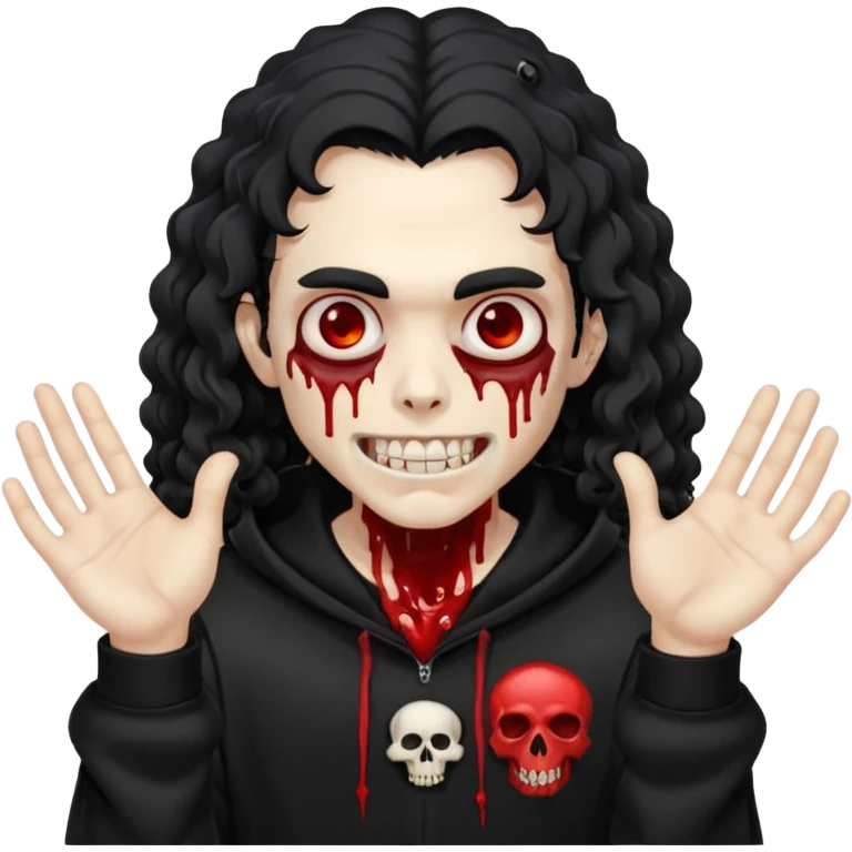 Vampire wearing a black hoodie with a skull logo on it, long curly hair that covers the forehead, fanged teeth and blood on hands emoji