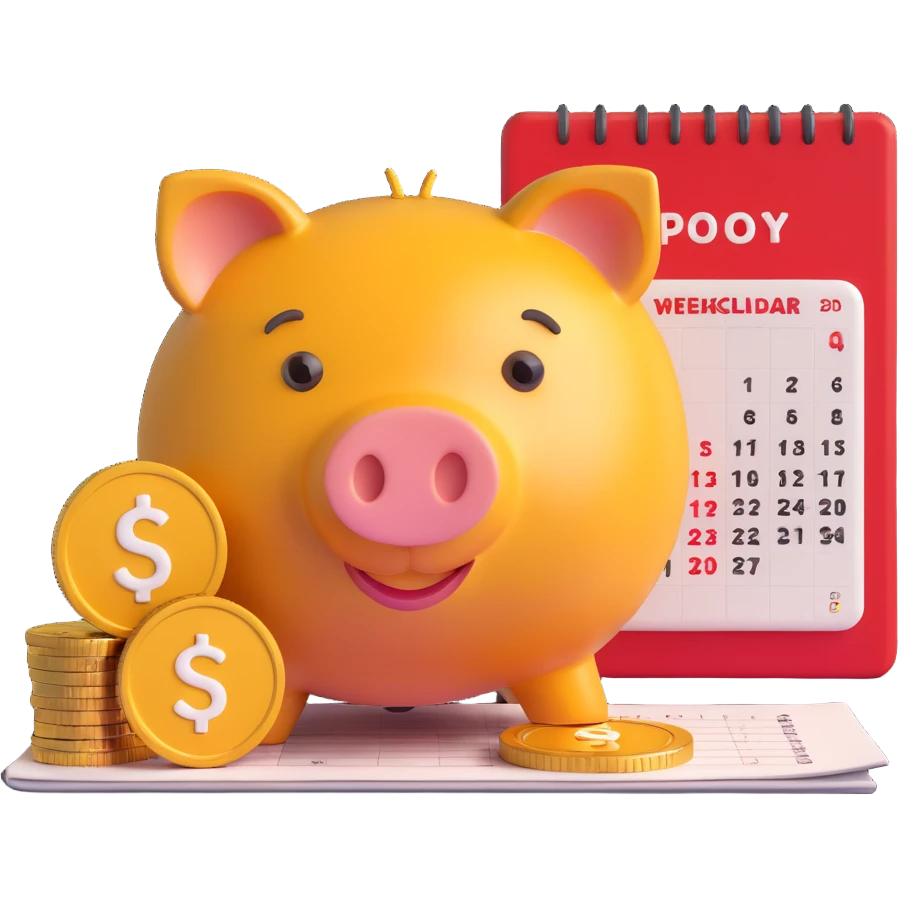 3D gold coin with a piggy bank and a weekly calendar overlay, representing weekly saving, Microsoft 3D emoji style emoji