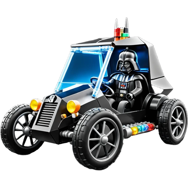 Mad max survival apocalypse ghostly sporty antique electric Darth Vader’s Batman-armored 1926 black graphite colored enclosed twin seat Lego town buggy with horizontal holographic 3d stars painted on the body sides and neon under glow  emoji