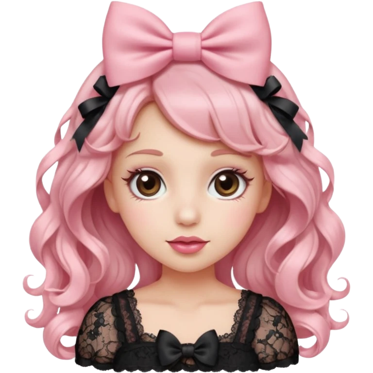 “Emoji girl, doe eyes, long fluttery lashes, soft pink blush, glossy rose lips, ribbon hair bow, romantic curls, wearing lace top.” emoji