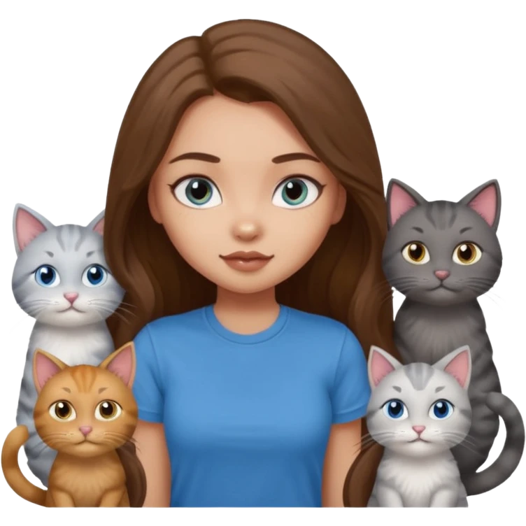 a pretty bratz dusky light skin girl with long brown hair, blue eyes with six cats nd wearing a grey tshirt emoji