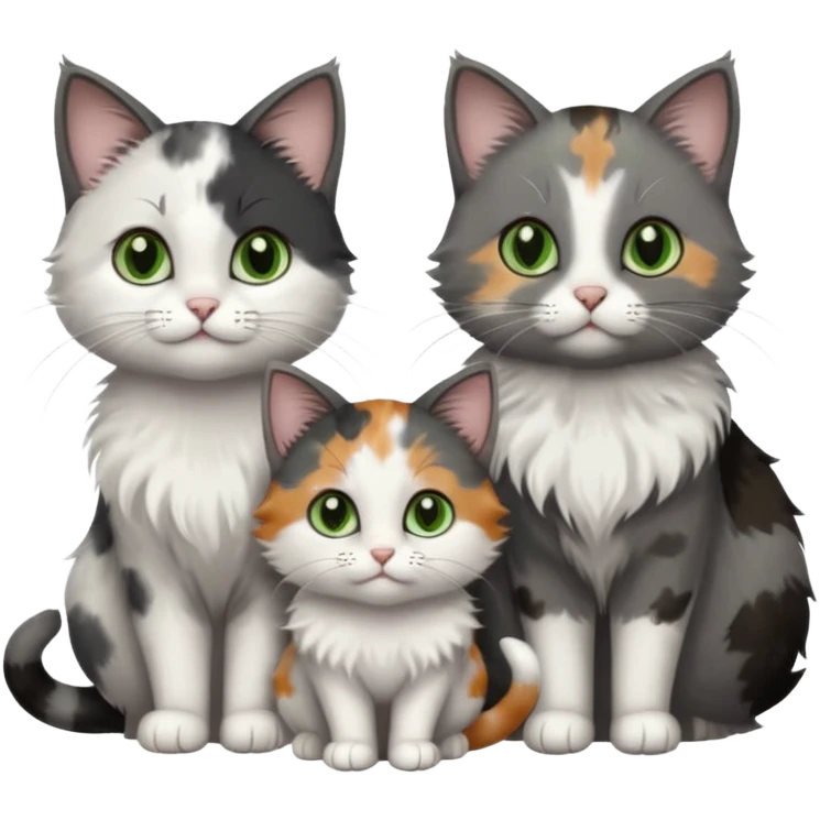 3 different coloured small cats including a dark grey and white, and a patchy calico with hazel eyes and a completely solid dark grey with green eyes and only white paws emoji