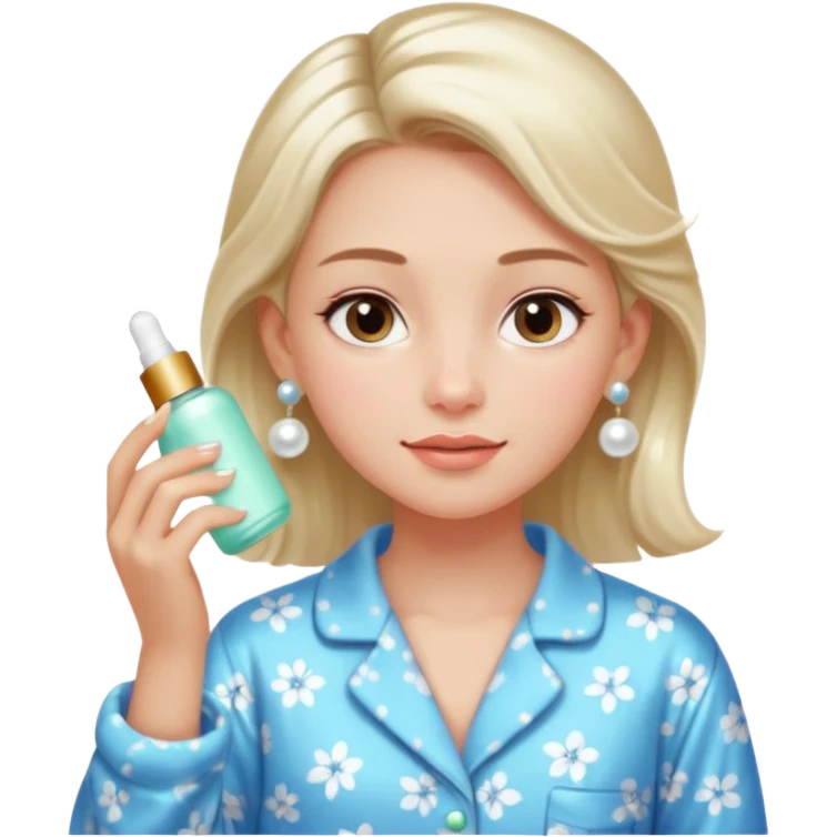 Clean girl aesthetic emoticons, apply skincare products, pearl earrings, glowing skin, pajamas, soft lighting emoji