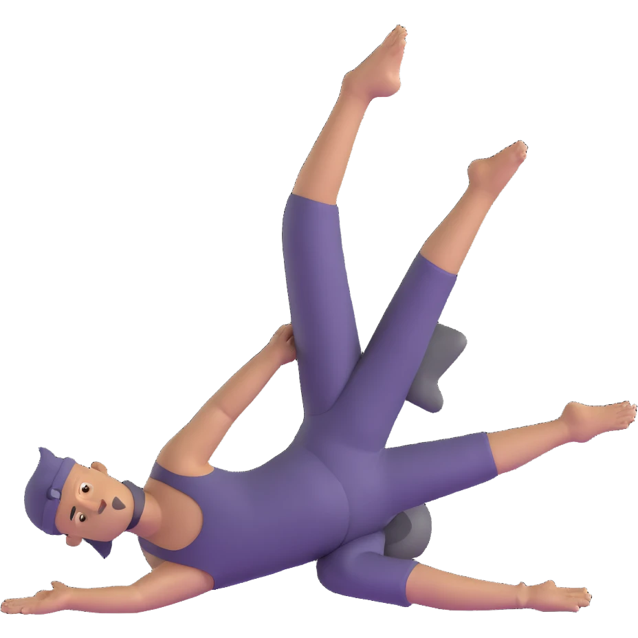 man doing pigeon yoga pose with one leg bent in front and one leg stretched behind emoji