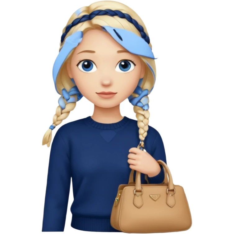 blonde girl with a loose braid and blue eyes with prada hand bag and a navy sweater  emoji