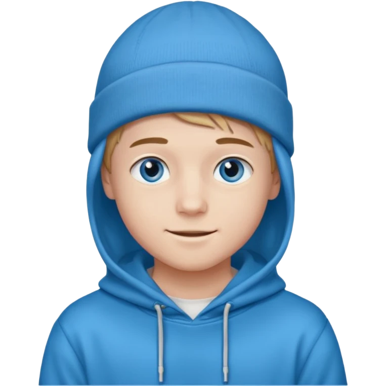 handsome and young teen pinterest boy good at fashion. popular among 'that brat girl', wearing hoodieand beanie with blue eye  and little smile emoji