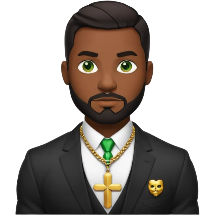 green eyes, dark short hair, muscular shoulders, wide cross, gold chain, big lips big nose big eyes, masculine good looking, dark beard wearing a suit emoji