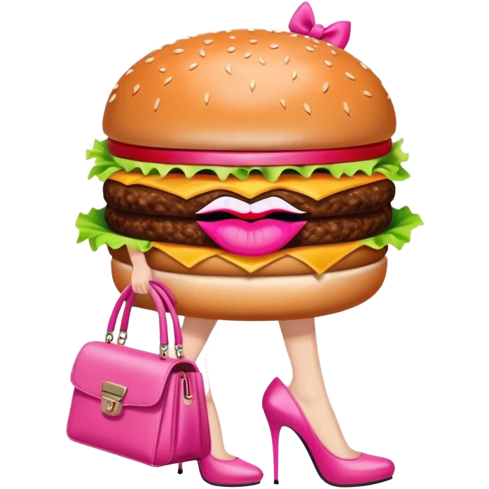 A burger with big pink lips eyelashes carrying a pink purse and wearing high heels emoji