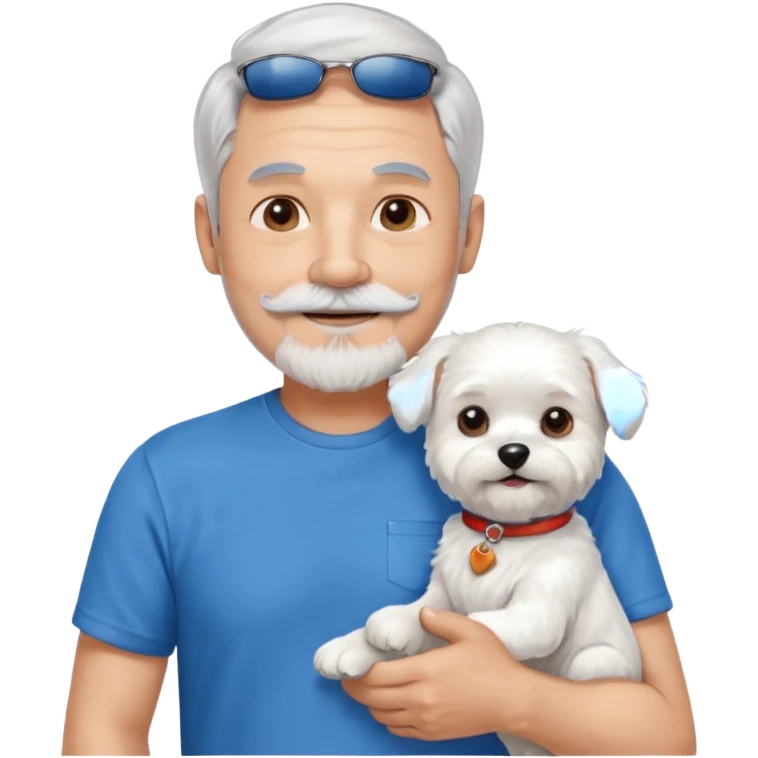 handsome gentleman, 60 years old, very short silver hair, beard, sideburns and moustache, wearing a blue t-shirt, smiling and holding a maltese dog emoji