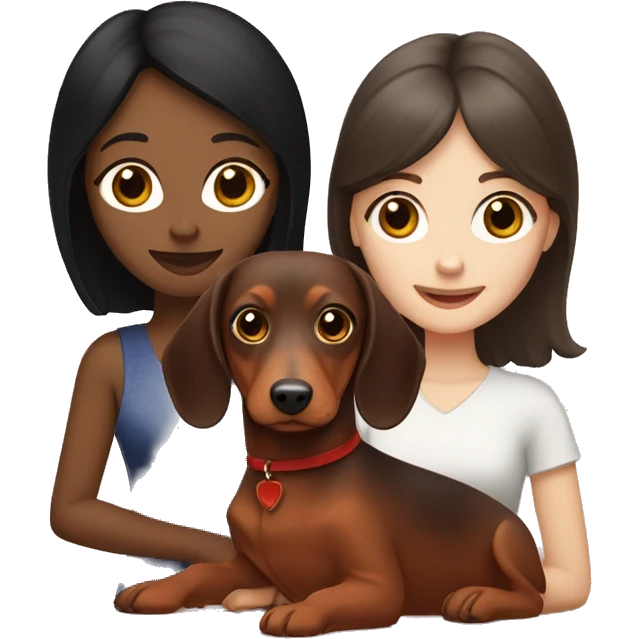 White girl with straight black hair holding a red dachshund and brown dachshund  emoji