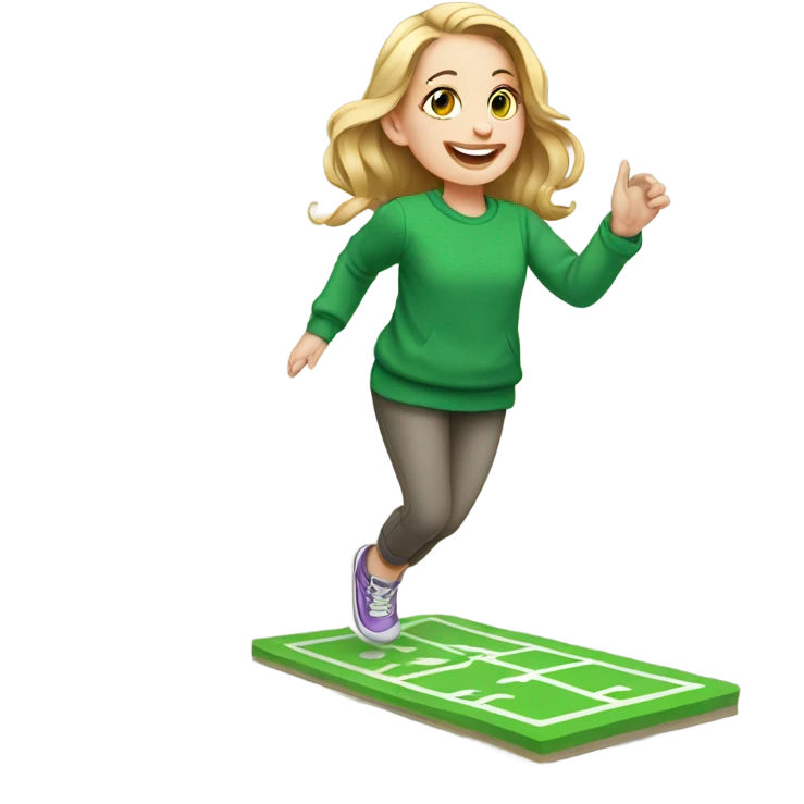 a white girl in a green sweatshirt playing hopscotch emoji