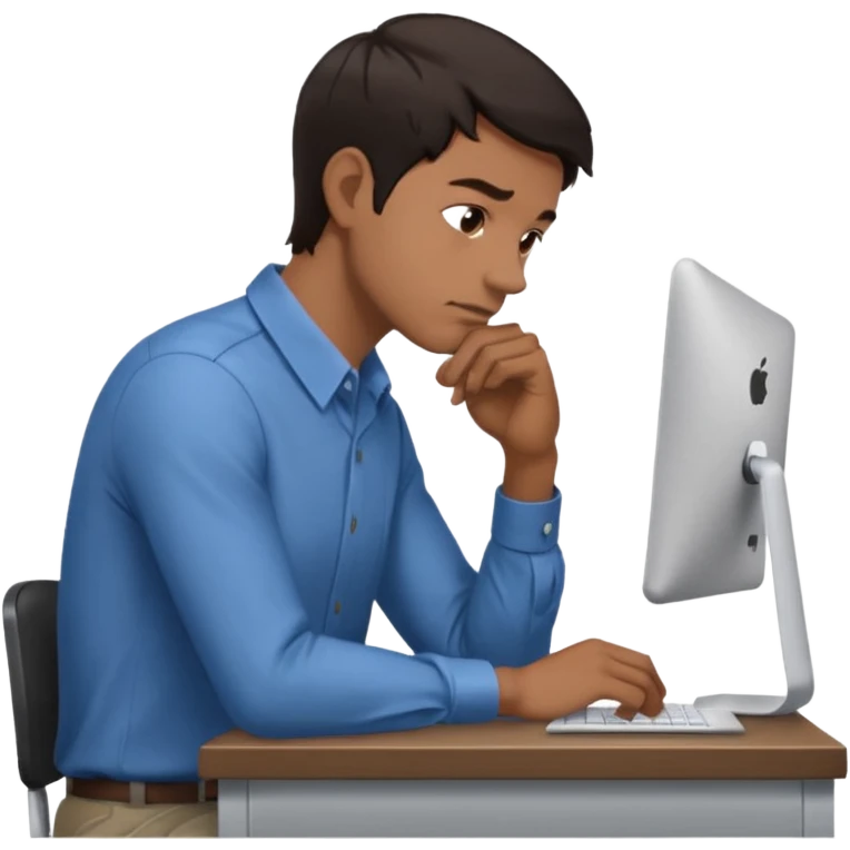  iOS emoji style - Side profile of a man with dark hair and wearing a collared-shirt. He sits with hunched posture at a desk. emoji