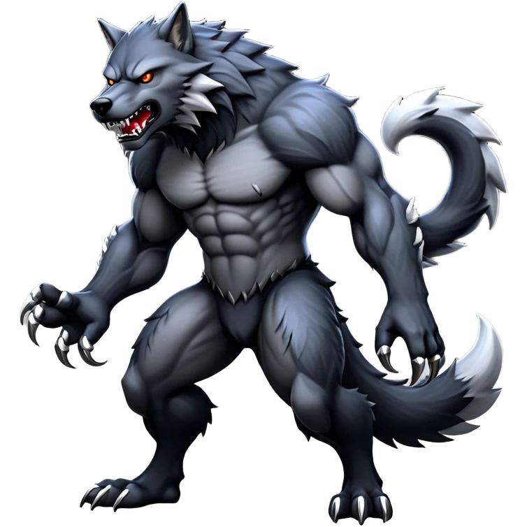 cinematic-noble-fierce-werewolf-full-body-emoji, poised-and-imposing, with a tall, lean, and muscular wolfish frame inspired by the brutal, imposing shape of the beast from Berserk, fur rippling in shades of midnight black and silver, massive paws with razor-sharp claws, elongated limbs and fangs, eyes glowing with an intense, primal ferocity, reflecting the untamed power of the wild moonlit night; rendered with realism emoji