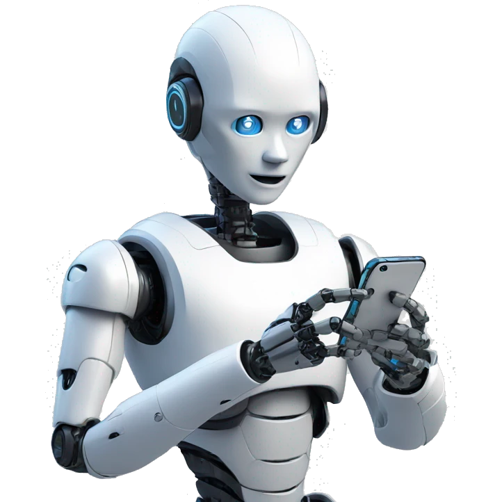 a humanoid robot looking at his iphone emoji