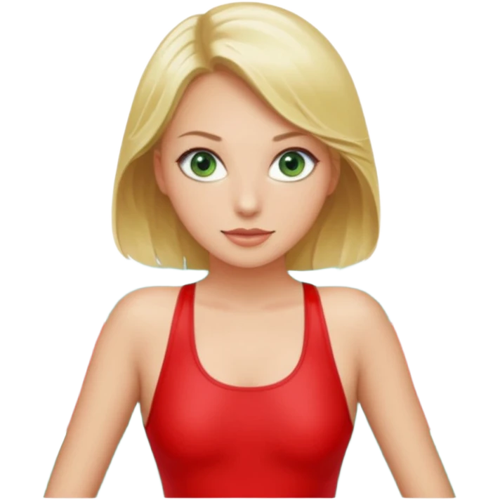 Blonde Woman, Green eyes,Red onepiece, Background Indoor pool emoji