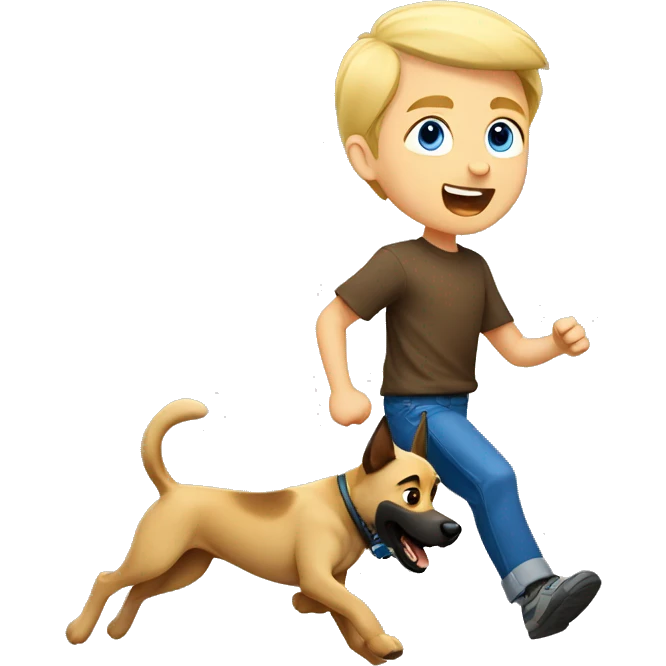blond boy with blue eyes running with his malinois dog emoji