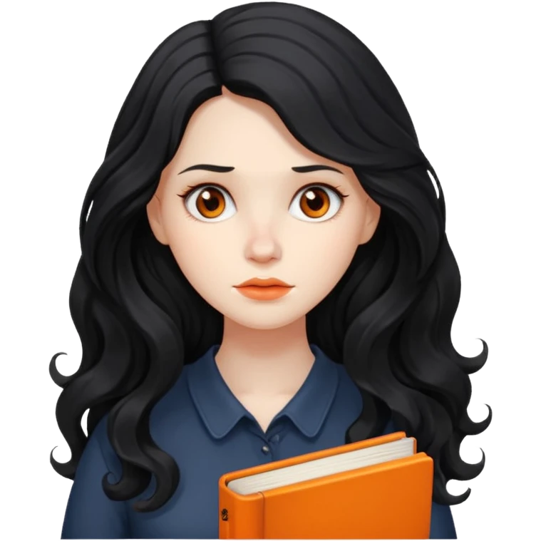 Long Hair Women with orrange Book, Black wavy hair, sad

 emoji