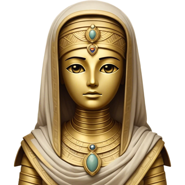 Cinematic Noble Mummy Portrait Emoji, Regal and timeless, with a meticulously wrapped, ancient form in muted earth tones accented by faded gold, exuding an air of forgotten majesty and solemn duty, simplified yet elegant with intricate bandage details, highly detailed and softly glowing, evoking the dignified mystery of an eternal sentinel guarding long-lost secrets! emoji