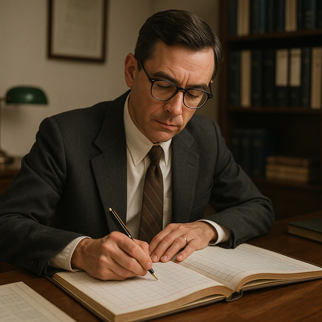 a working accountant, focused, writing in a ledger, with glasses, classic office setting, professional atmosphere emoji