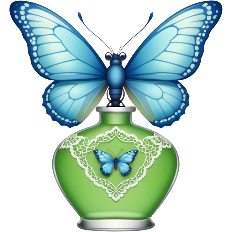 delicate blue butterfly perched on a green perfume bottle with lace trim emoji