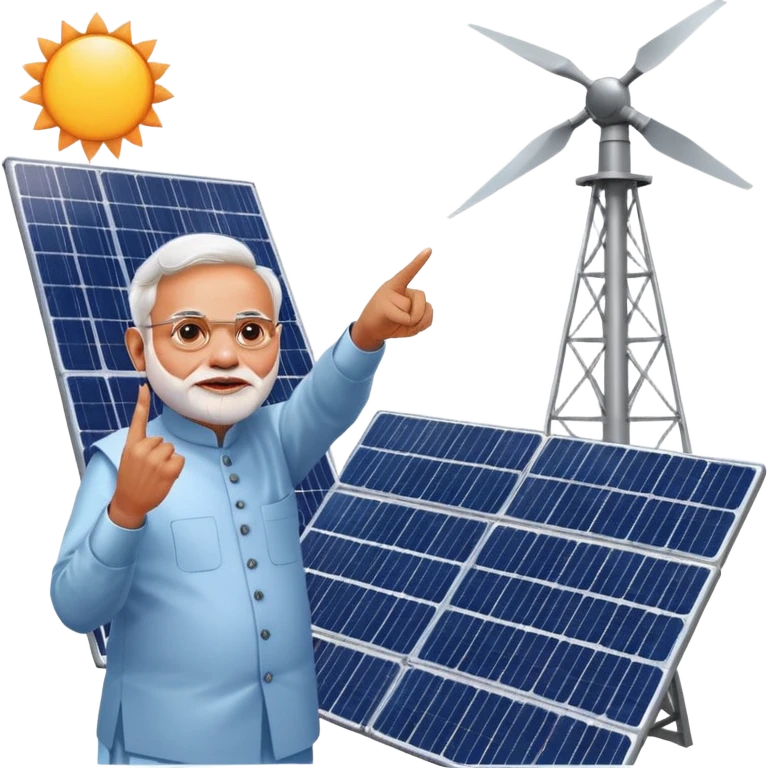 PM Narendra Modi upper body bottom left pointing finger towards large solar panel plant emoji